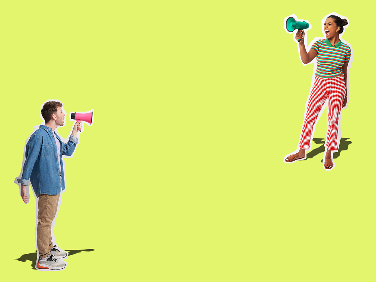 A collage of a man and woman shouting through megaphones