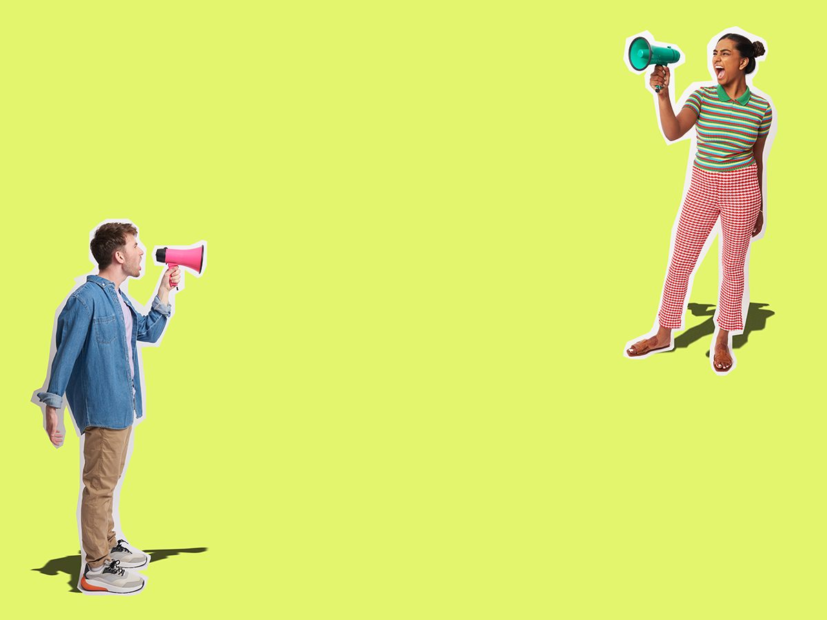 A collage of a man and woman shouting through megaphones