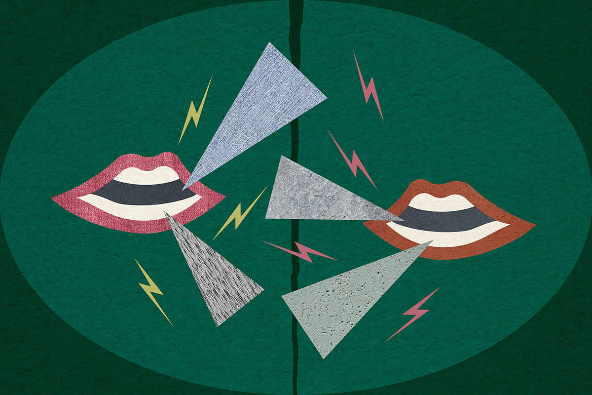 A composite photo of two mouths arguing with triangle speech bubbles between them