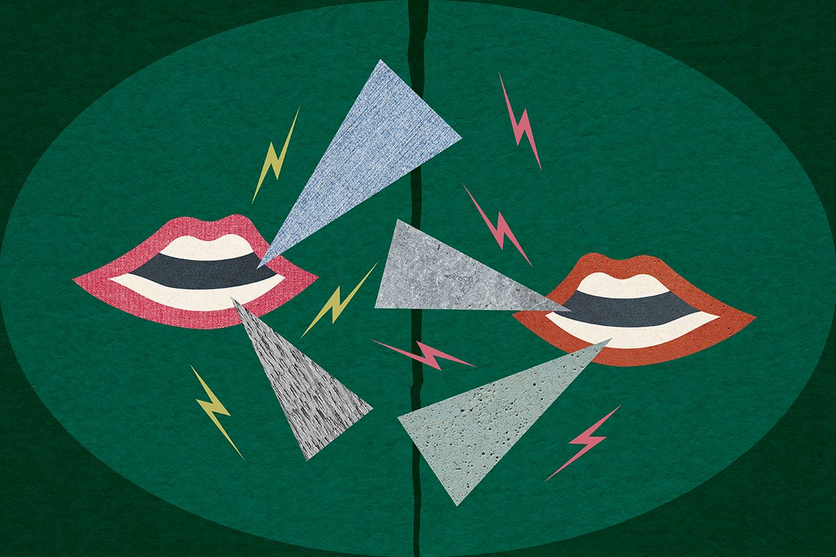A composite photo of two mouths arguing with triangle speech bubbles between them
