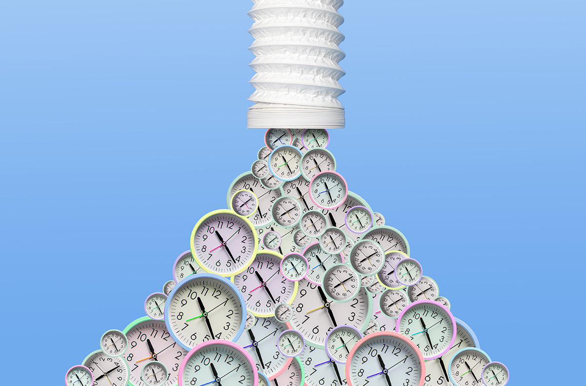 A pile of clocks being sucked into a white tube against a blue background