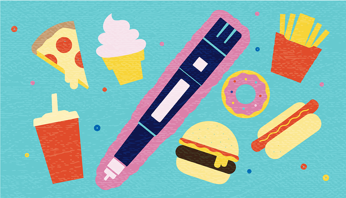 Vector illustration of Impact of Semaglutide therapy on weight loss and unhealthy eating habits abstract concept with injection pen and fast food elements. Therapy for weight loss and diabetes. Includes editable vector eps and high resolution jpg.