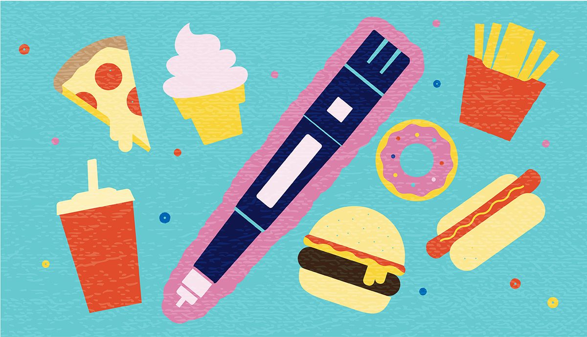 Vector illustration of Impact of Semaglutide therapy on weight loss and unhealthy eating habits abstract concept with injection pen and fast food elements. Therapy for weight loss and diabetes. Includes editable vector eps and high resolution jpg.
