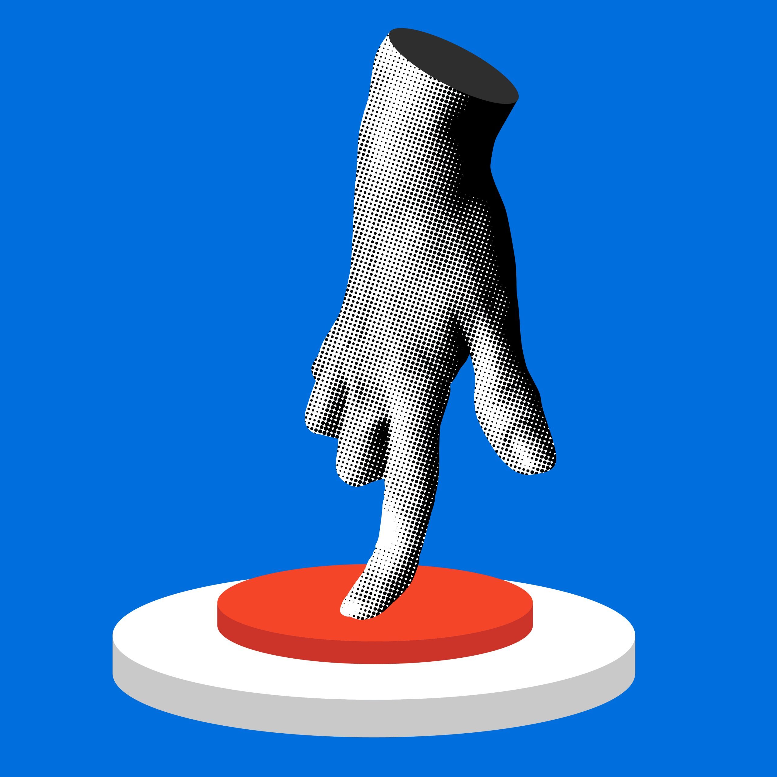 Modern collage with halftone hand pressing a big red button