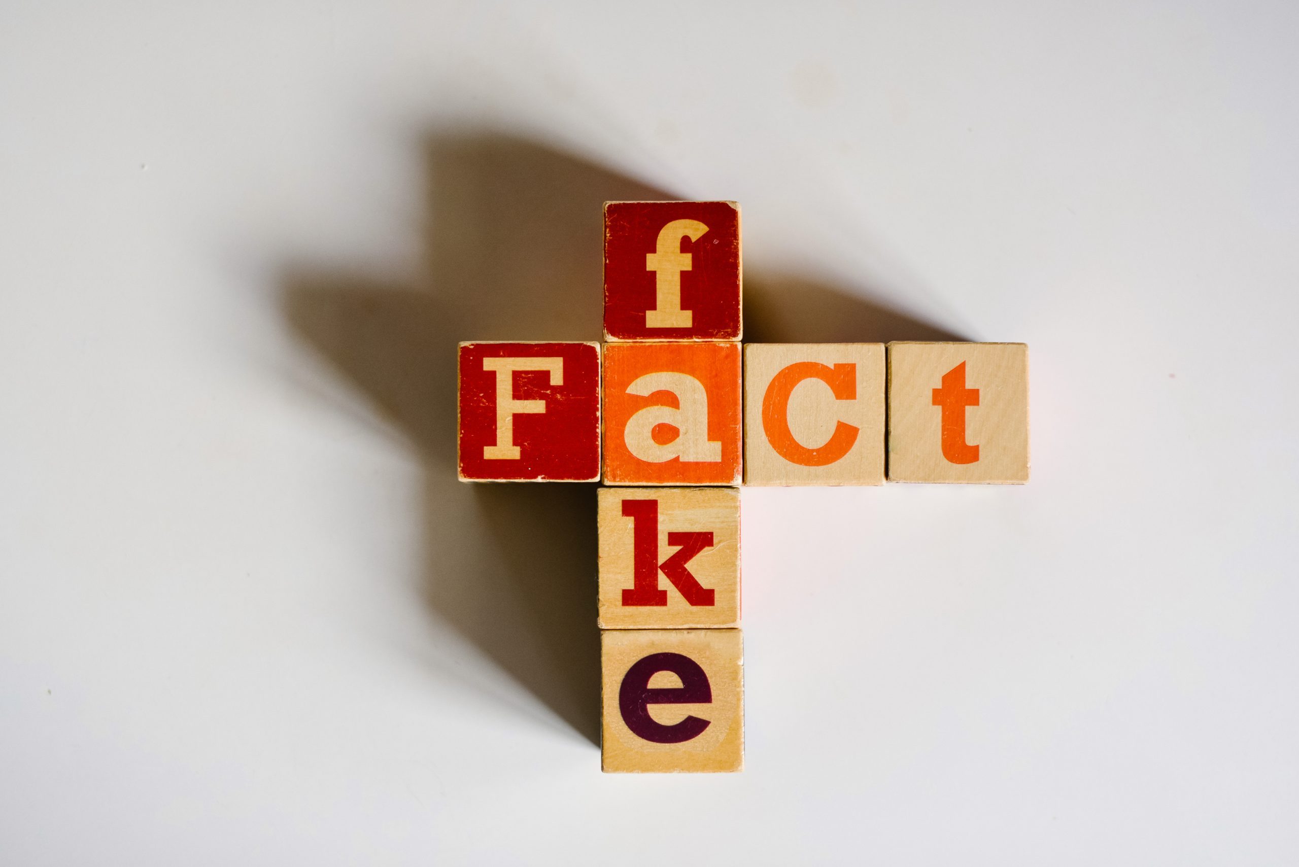 Wooden blocks spelling out fact and fake casting a shadow on a white surface