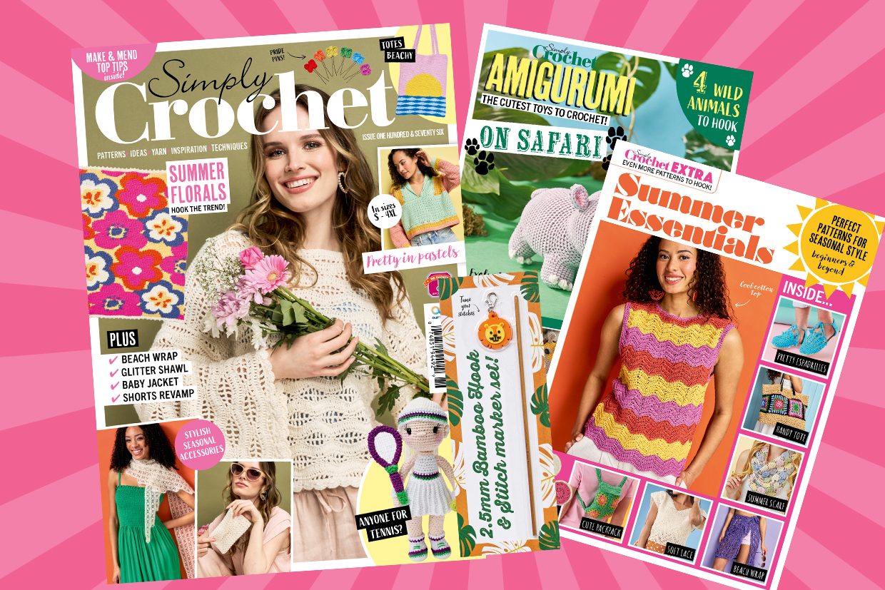 Cover of Simply Crochet issue 176 as well as the covers for the amigurumi safari supplement and summer essentials supplement