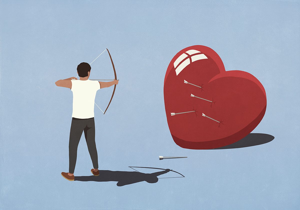 An illustration of a man shooting an arrow at a large heart