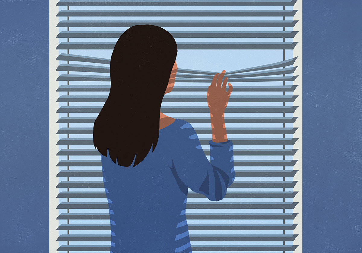 An illustration of a woman looking through window blinds