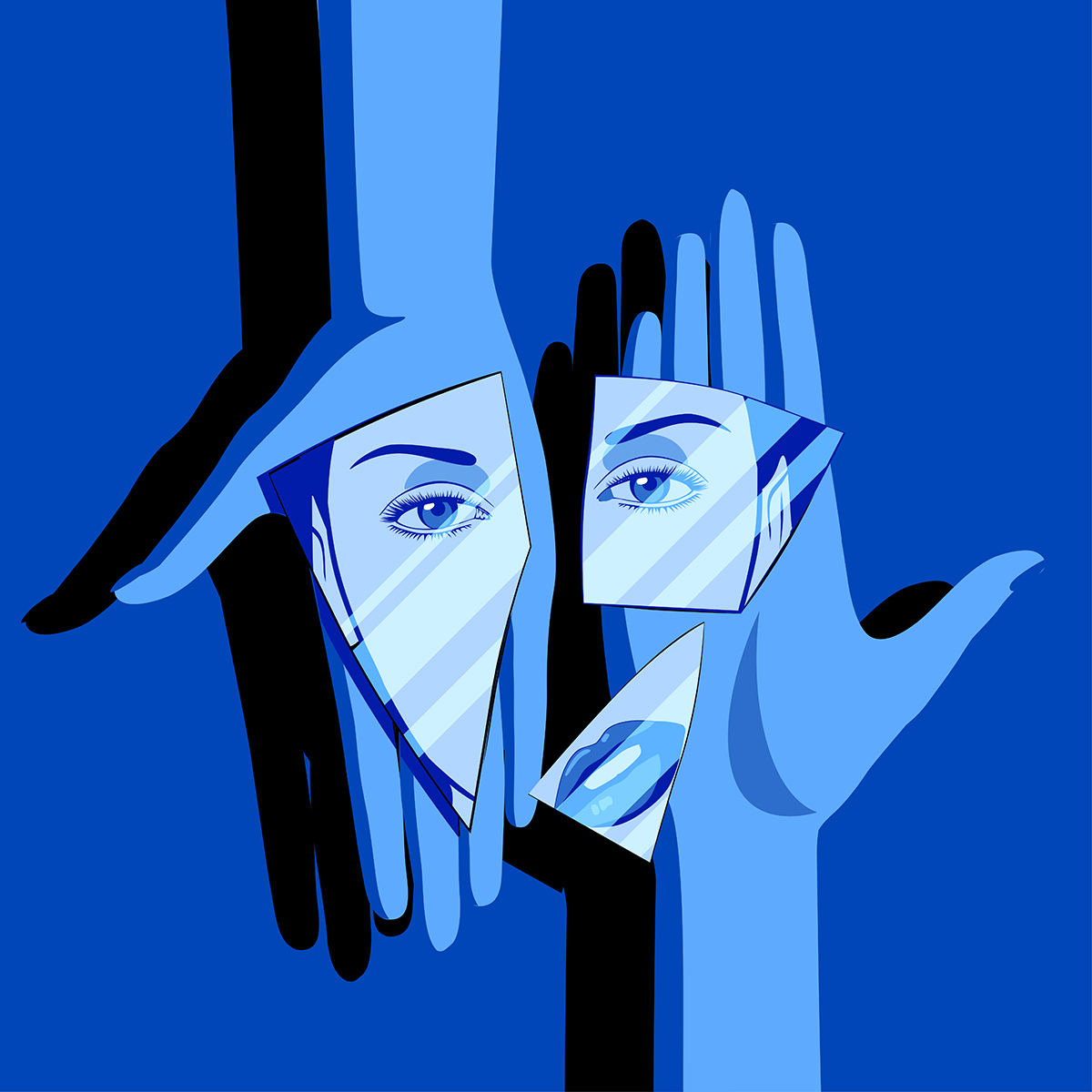 An illustration of two hands holding shards of glass that reflect a woman’s eyes and lips