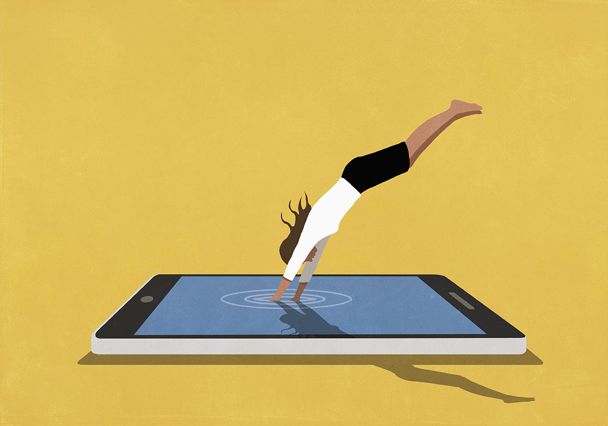 An illustration of a woman diving into a large phone