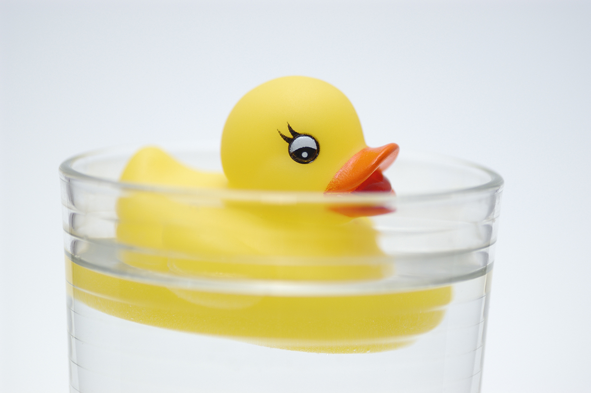 A rubber duck floating in a glass of water