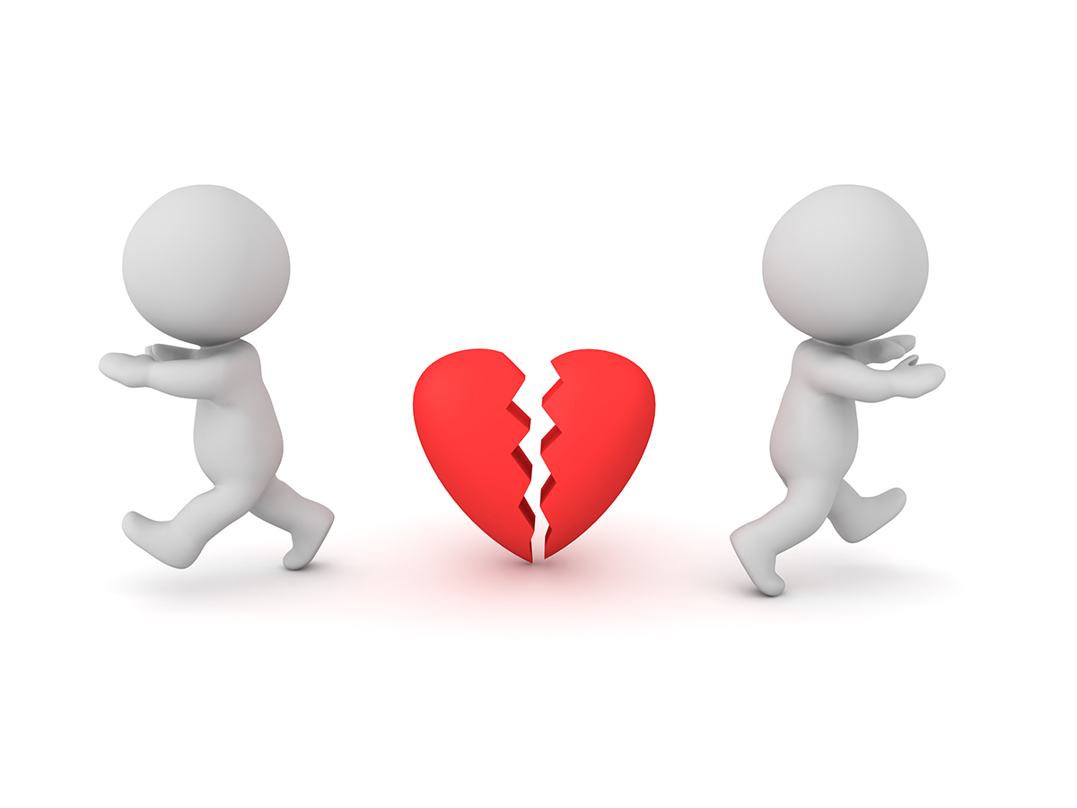 Two 3D figures walking away from each other, with a broken heart between them