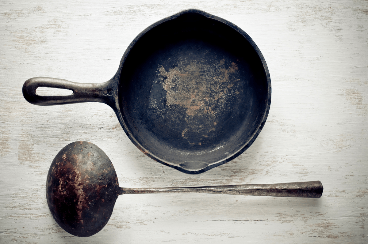 Old frying pan and ladle.