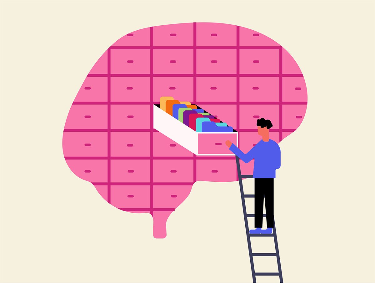 An illustration of a figure storing files in draws set inside a brain 