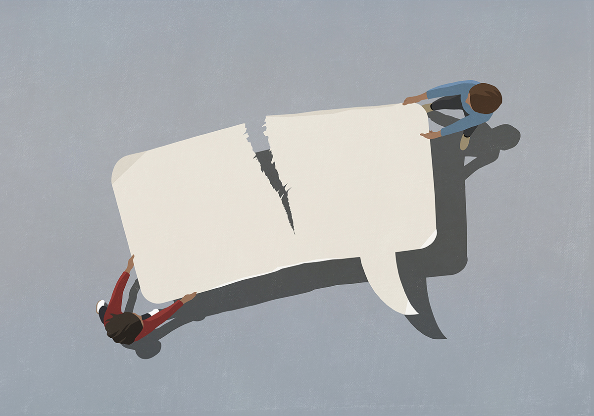 An illustration of a couple tearing a large speech bubble in half, representing a communication breakdown