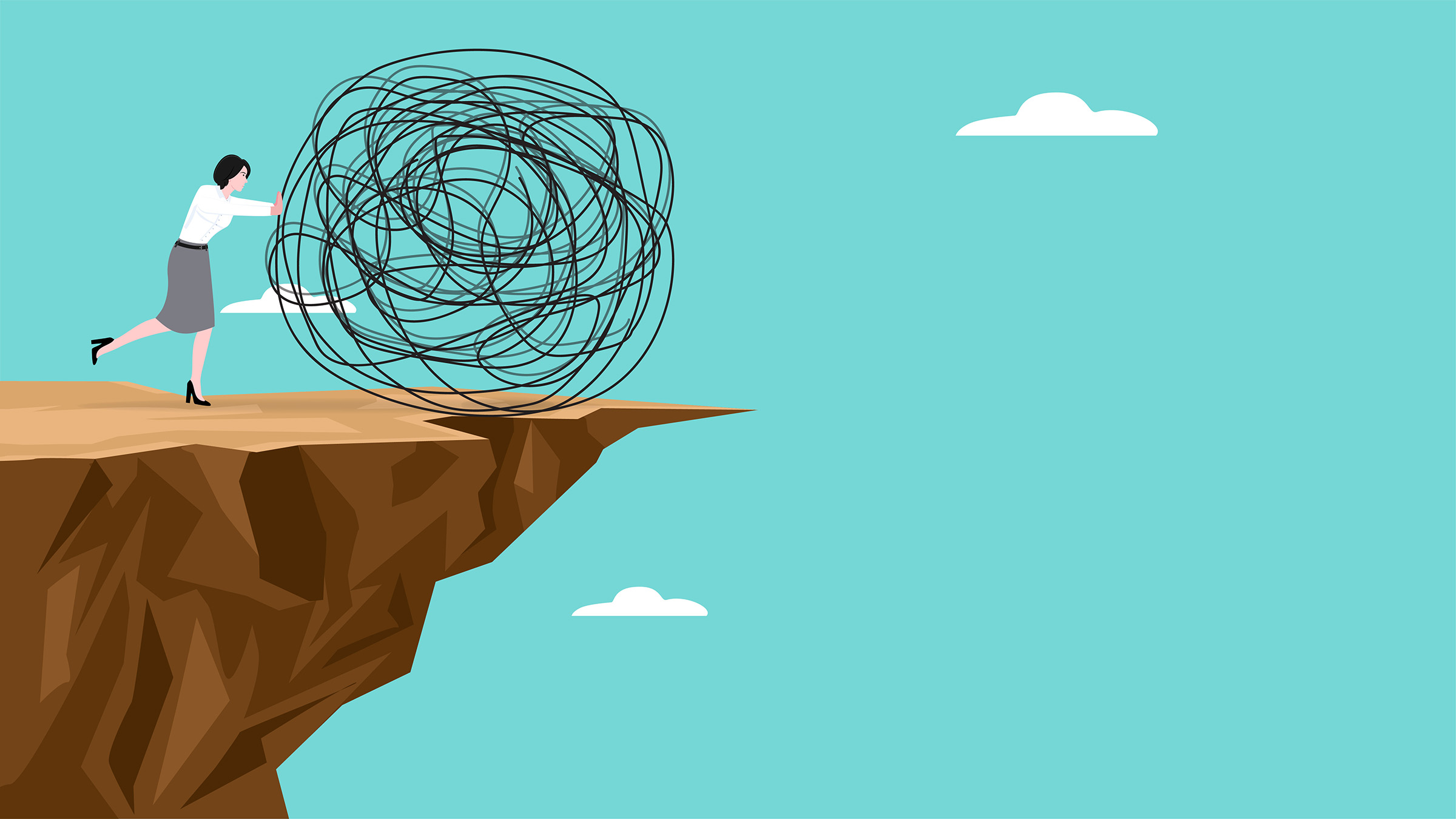 relieve stress or problem illustration, relaxation to relieve anxiety from your brain, Reduce stress concept, stress management, businesswoman messy chaos stress ball off a cliff vector illustration