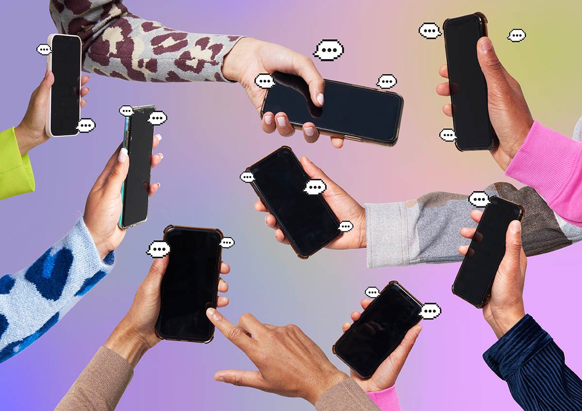 Photo of hands holding smartphones with speech bubbles and a colourful pink and purple background.