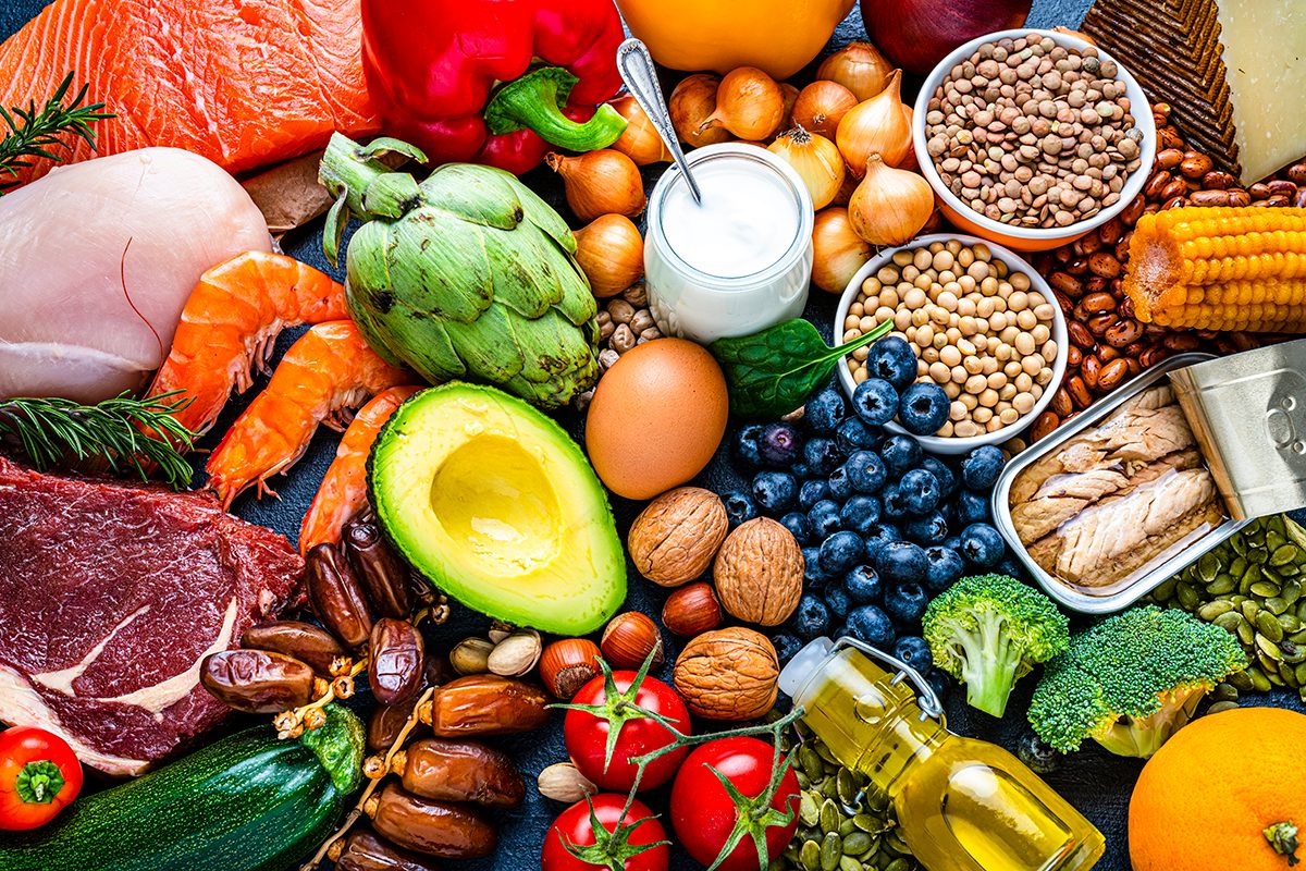 A range of healthy foods are shown, including meats, fish, fruits, vegetables, dairy products and legumes.