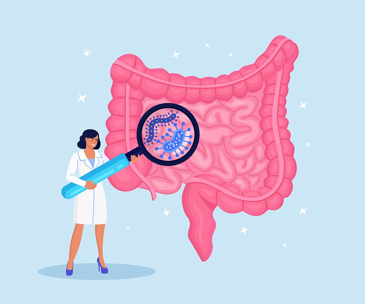 An illustration of a doctor looking at microorganisms in the gut through a magnifying glass