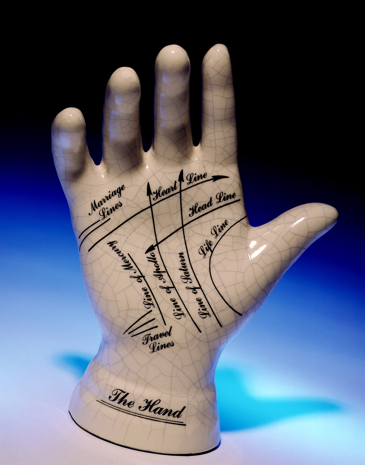 A model hand showing the main lines used in palm reading
