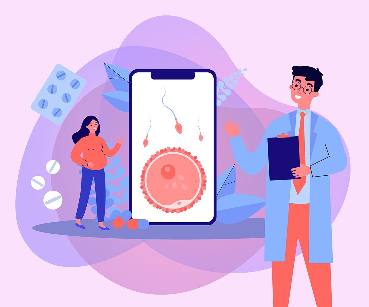 A scientist explains artificial insemination to a pregnant woman, with a giant smartphone displaying a medical illustration