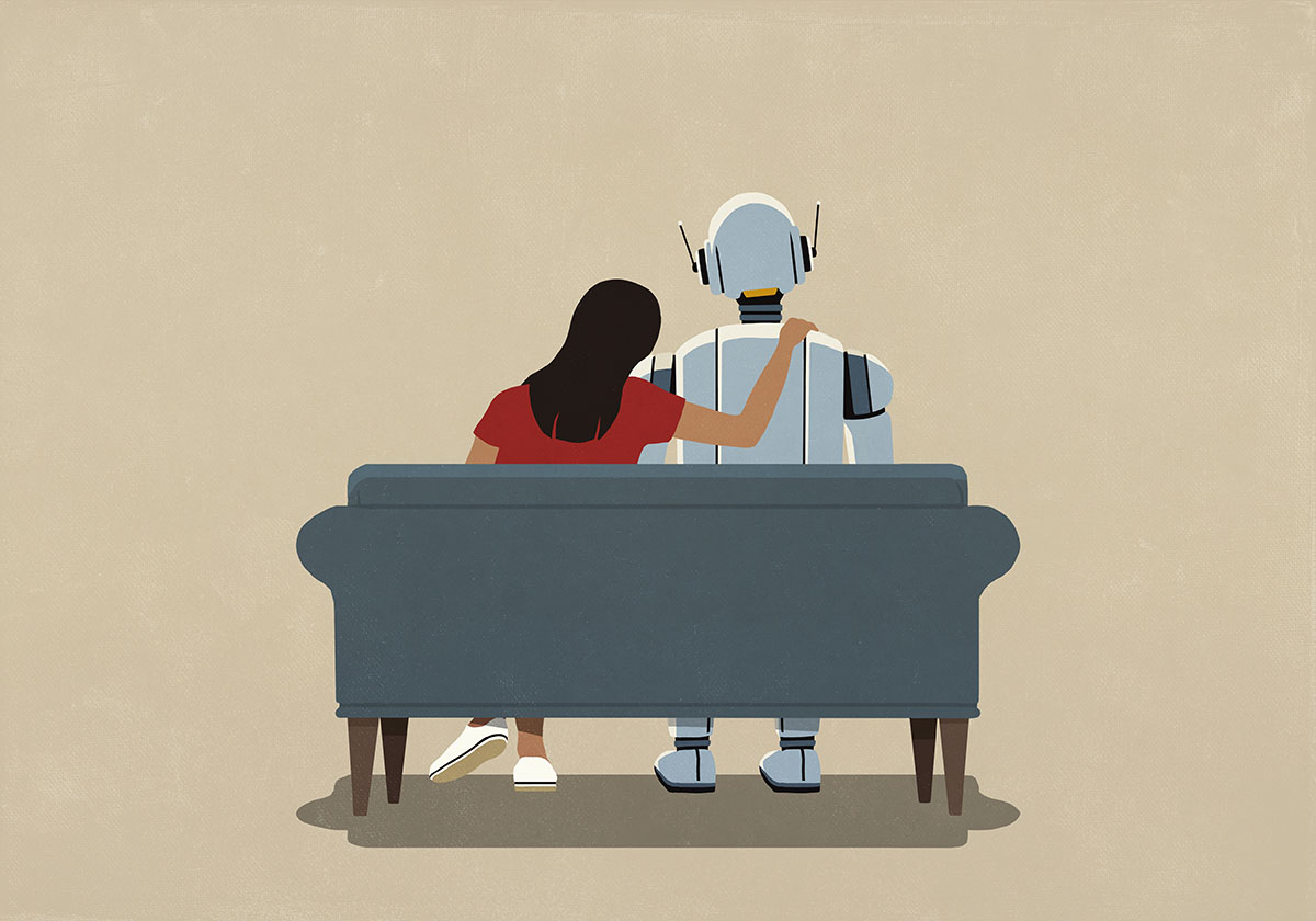 An illustration of a woman with her arm around a robot, sitting on a sofa
