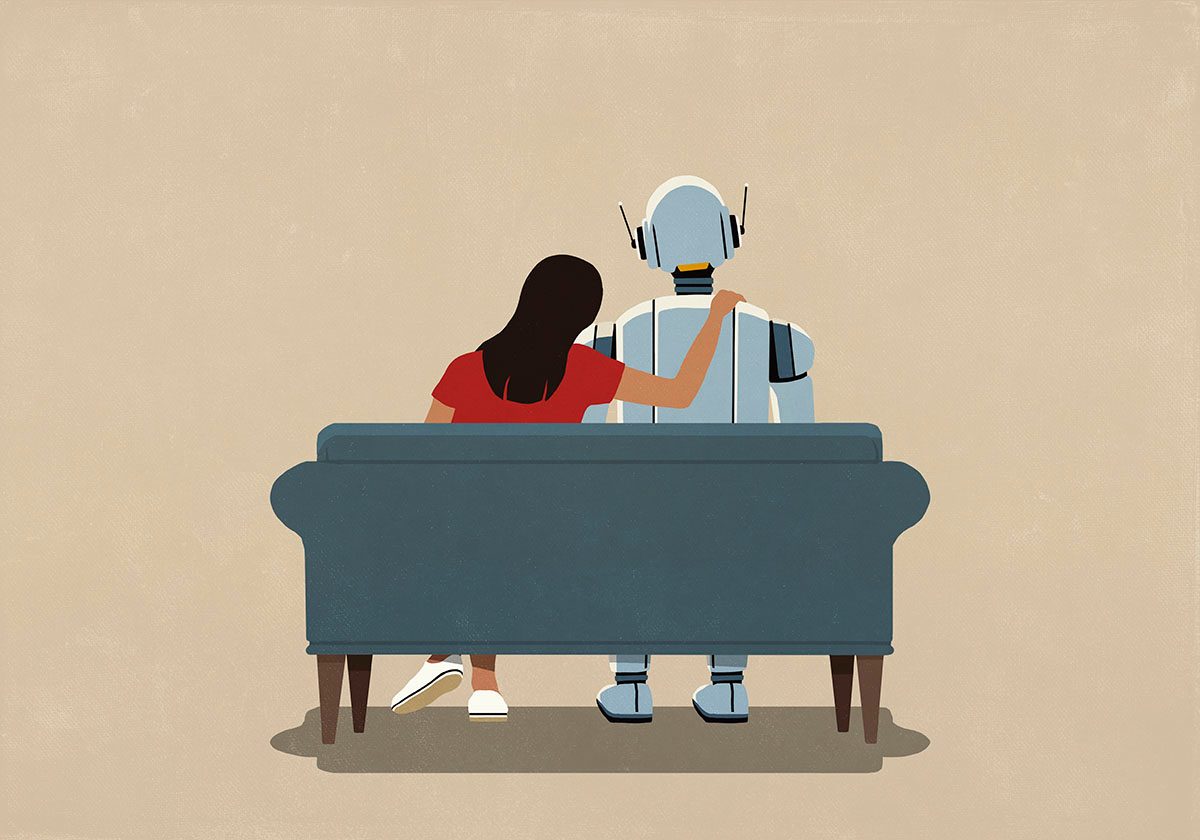 An illustration of a woman with her arm around a robot, sitting on a sofa
