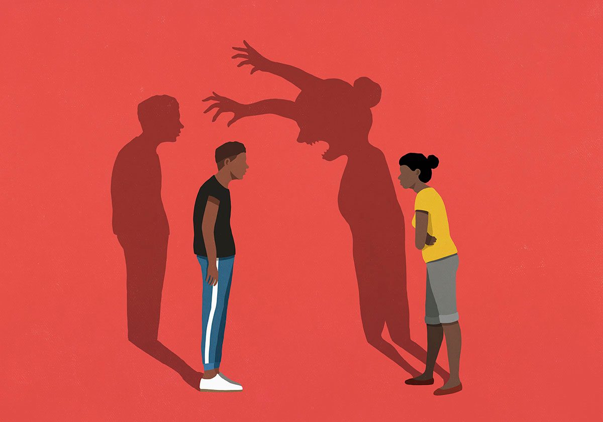 An illustration of a couple arguing, set against a red background, with the woman’s shadow exaggerated as an angry, looming figure