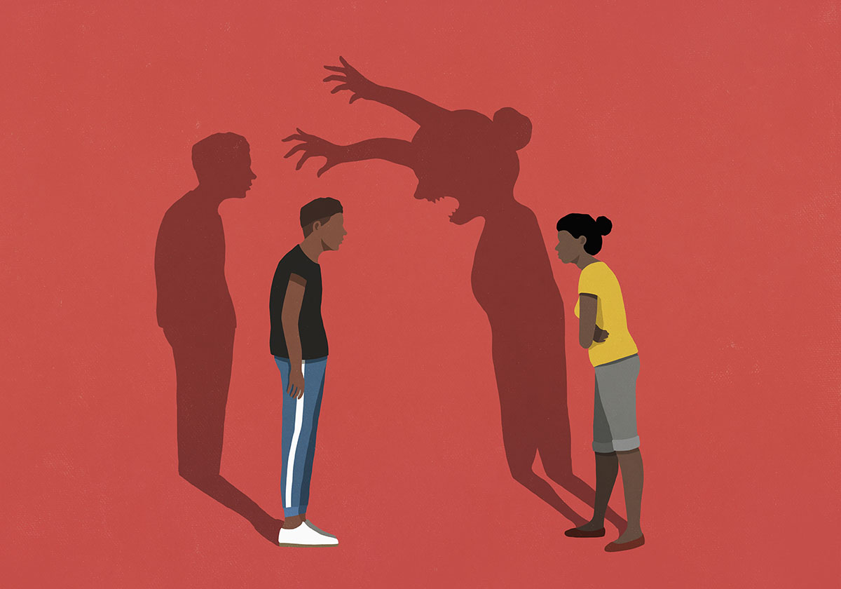 An illustration of a couple arguing, set against a red background, with the woman’s shadow exaggerated as an angry, looming figure