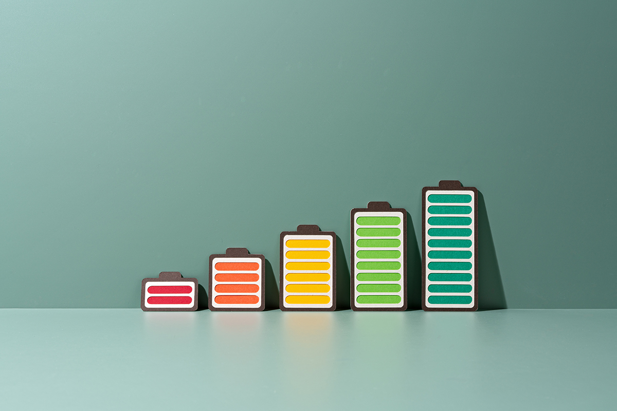 Five batteries with gradually increasing capacity level are positioned in a line on a green background.