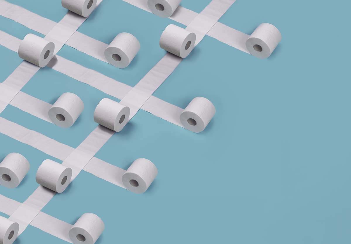 Rolls of unravelled toilet paper create a grid pattern on a light blue background.