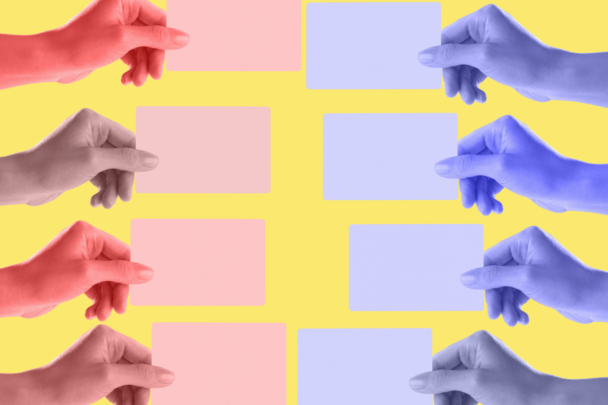 4 woman's hands of various shades of pink holding cards, opposite 4 similar hands of various shades of blue, yellow background.