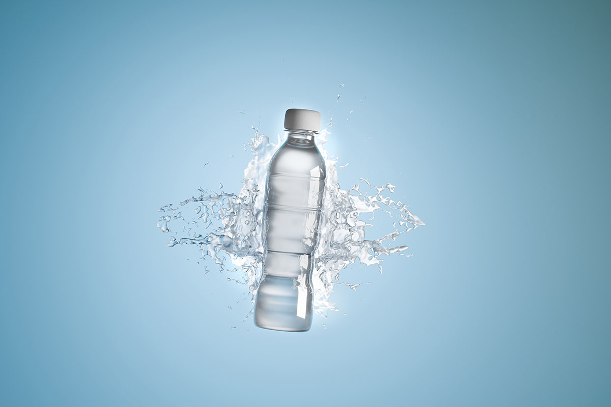 A digitally-generated image of a plastic water bottle creating a splash in clear water