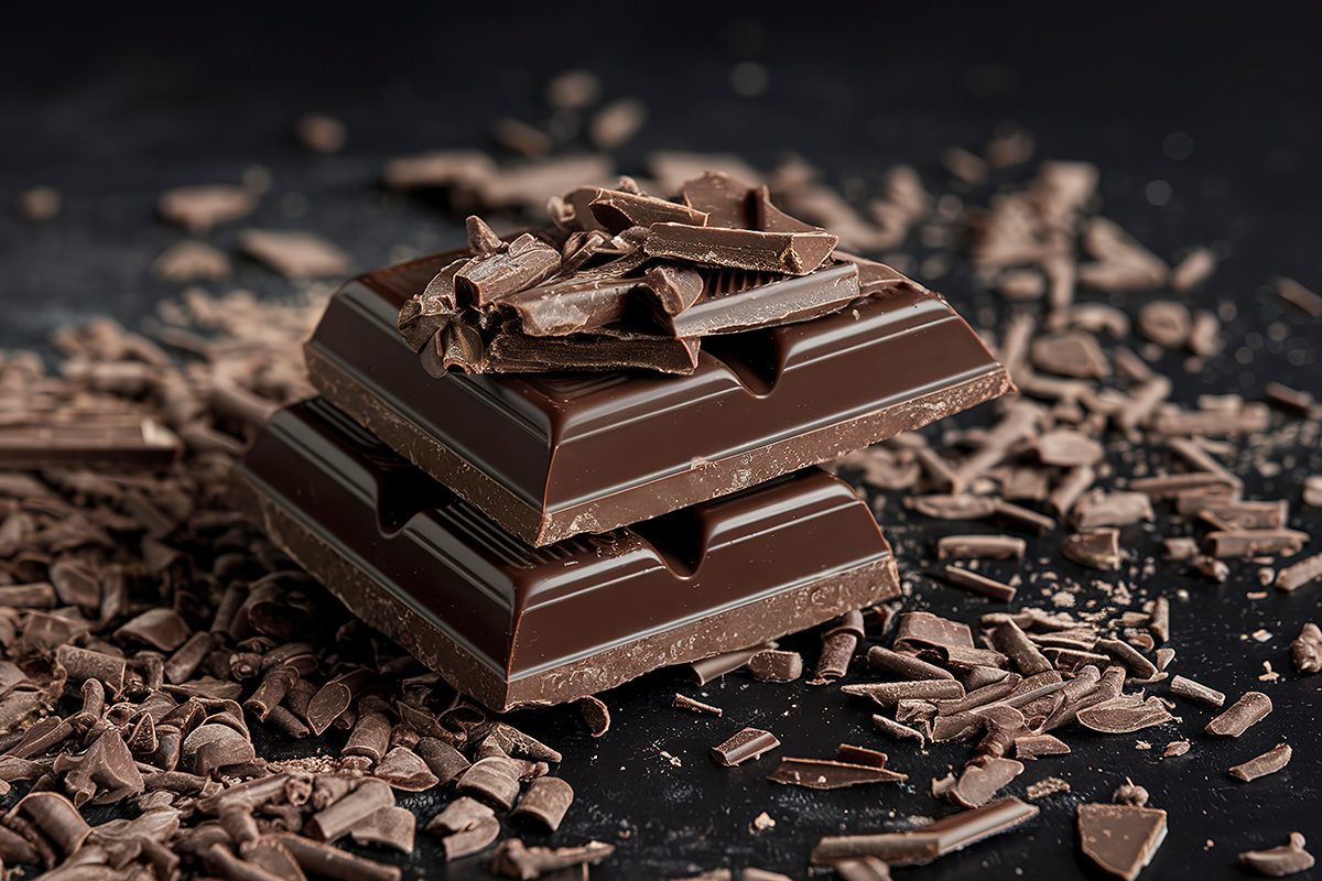 Two pieces of dark chocolate are stacked and surrounded by chocolate shavings.