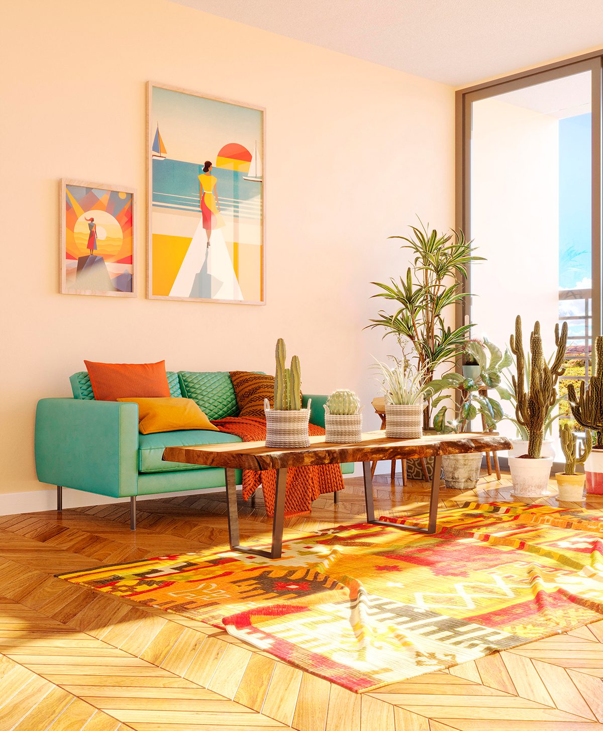A bright, sunlit living room features a teal sofa adorned with orange and green cushions, a wooden coffee table with potted cacti, and vibrant artwork on the walls.