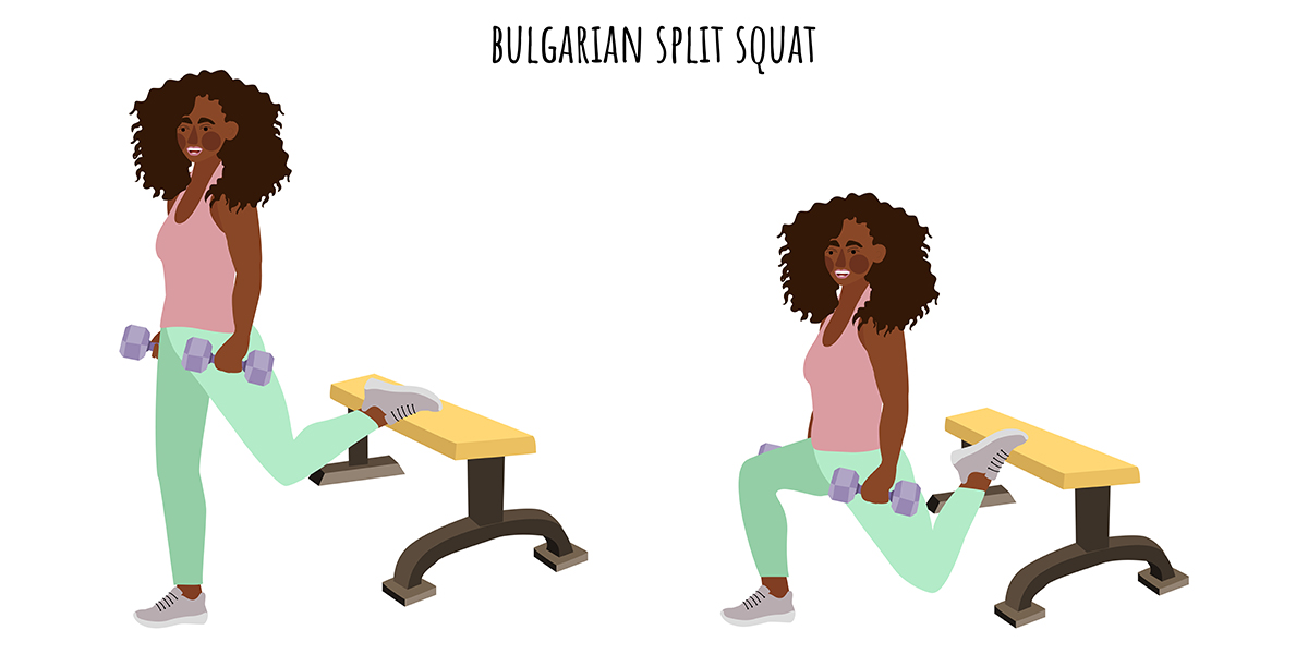 An infographic of a woman doing a Bulgarian split squat