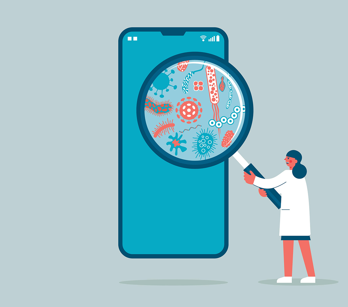 An illustration of a female scientist holding a magnifying glass up to a large phone to reveal bacteria.