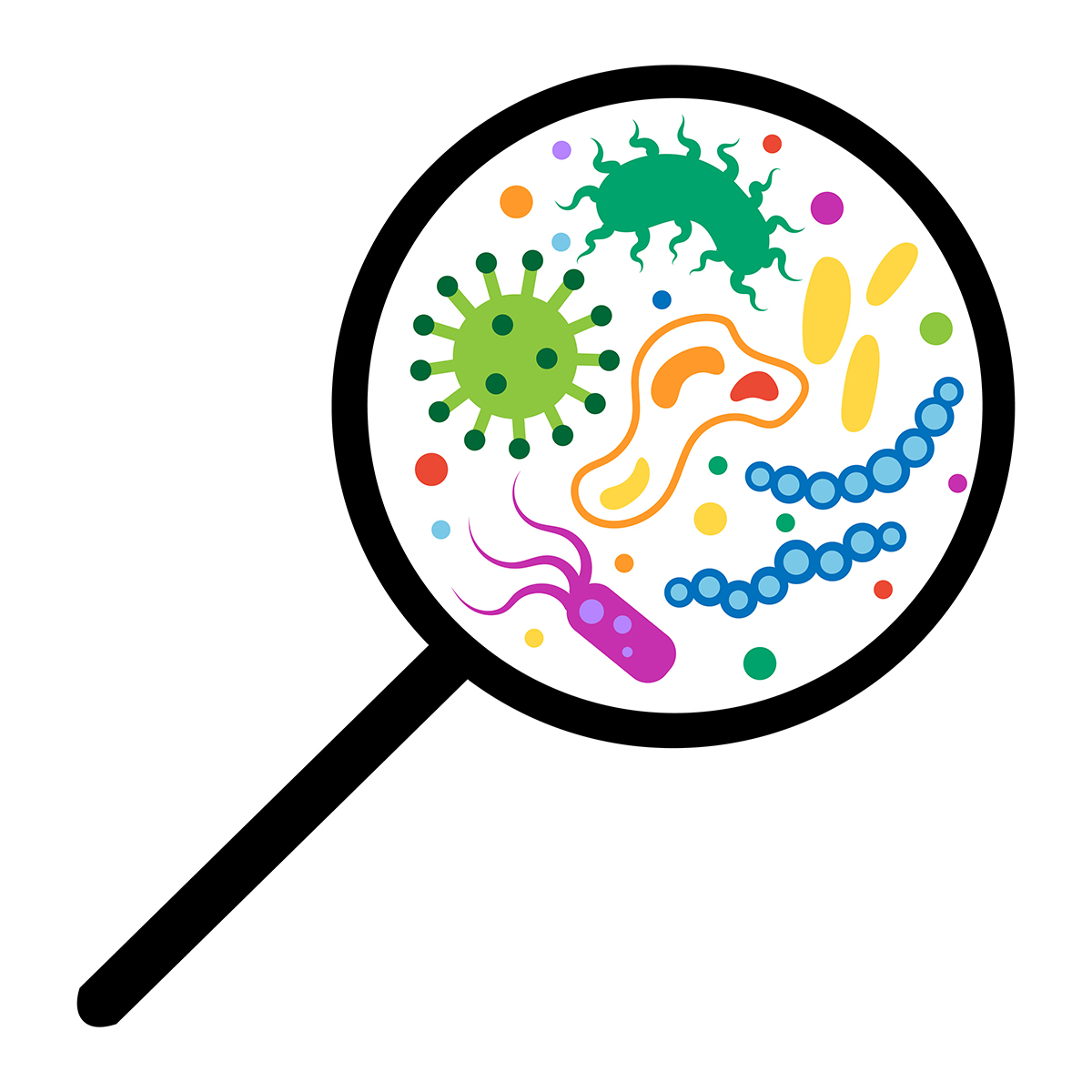 A cartoon illustration of bacteria and viruses under a magnifying glass.