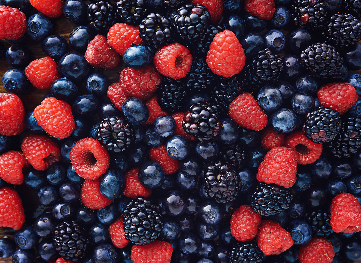 A pile of blueberries, raspberries and blackberries