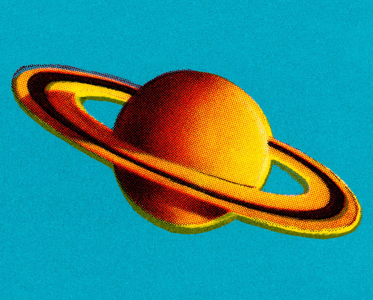 An orange Saturn against a blue background in a pointillist style