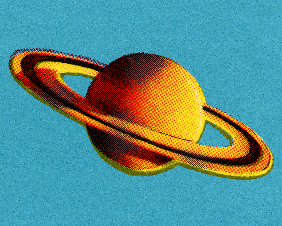 An orange Saturn against a blue background in a pointillist style