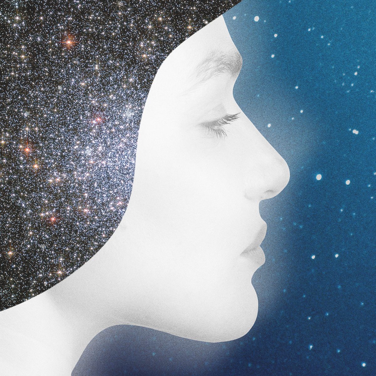 An abstract illustration of a woman's face, with her hair replaced by a starry night sky