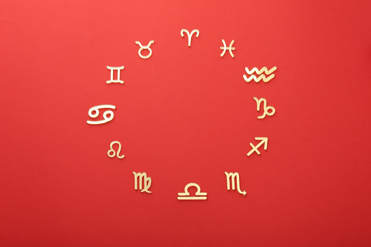 Zodiac signs are displayed in a circle on a red background