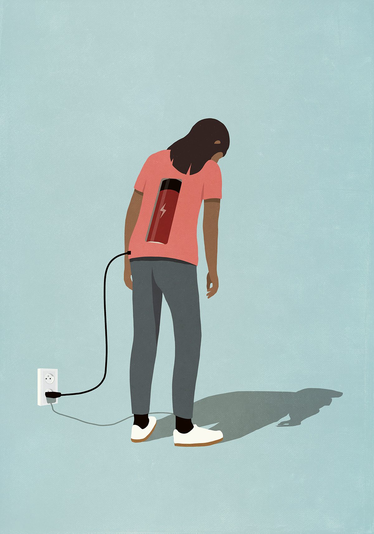 An illustration of a woman with a battery in her back charging from a plug socket