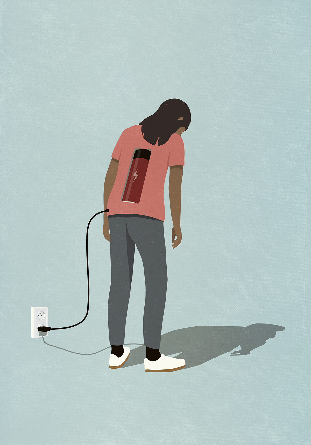 An illustration of a woman with a battery in her back charging from a plug socket