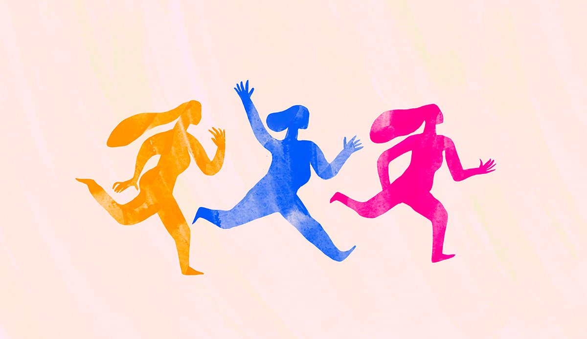 An illustration of three female silhouettes in bright colours on a beige background
