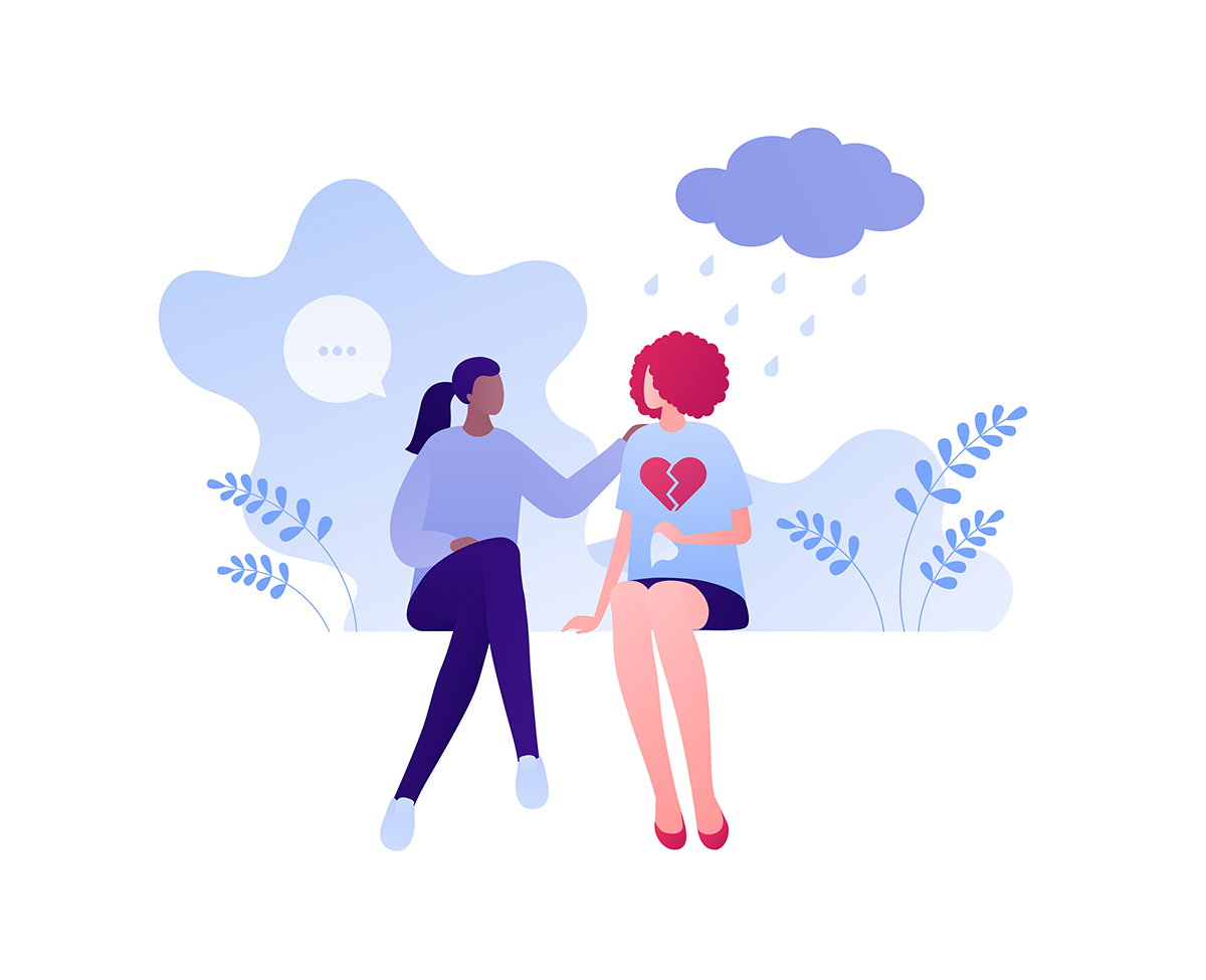 Two illustrated women sit together, one has her hand on the other's shoulder and a cloud rains above her.