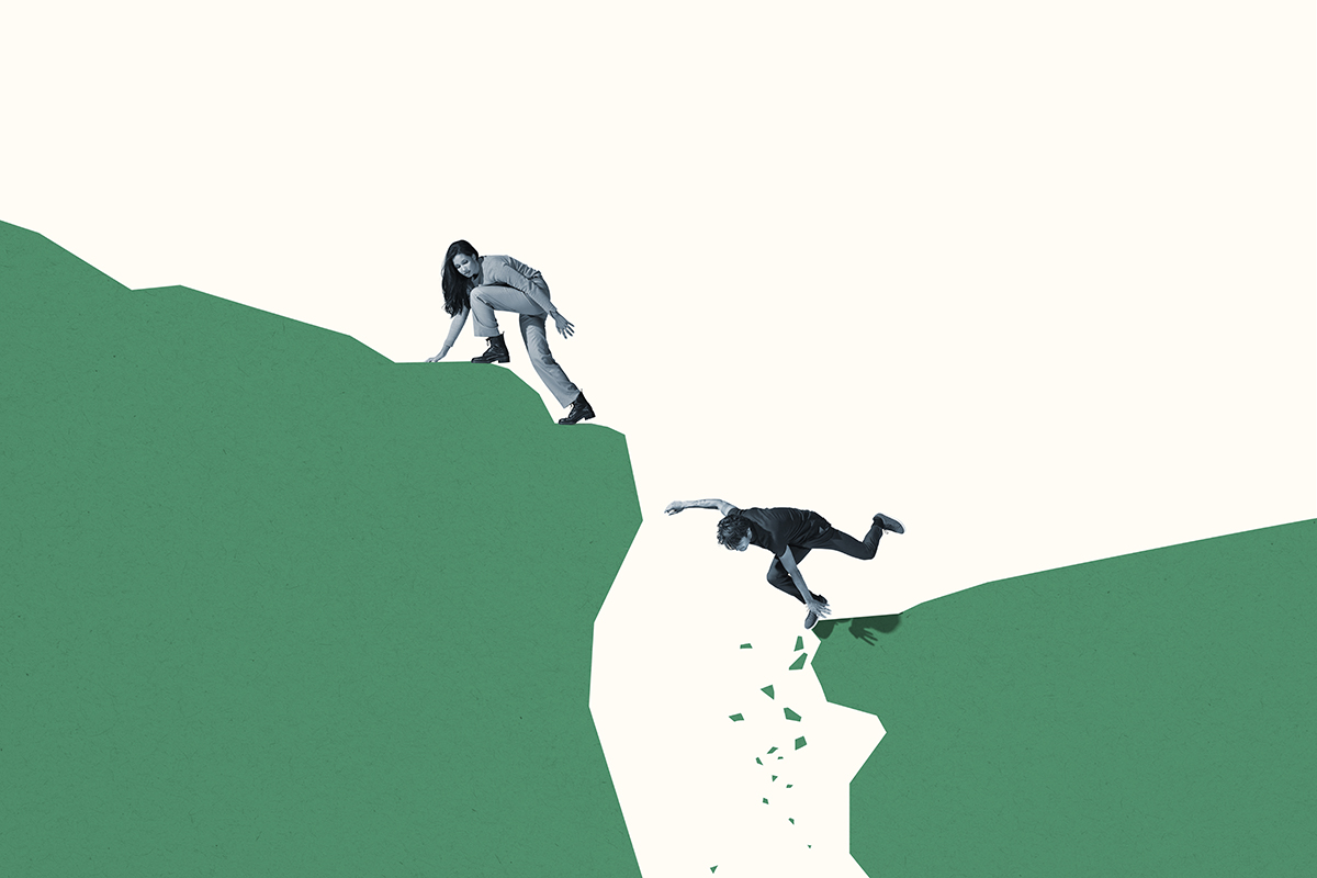 A woman looks back at a male as he falls from a green, crumbling cliff, against a white background. 
