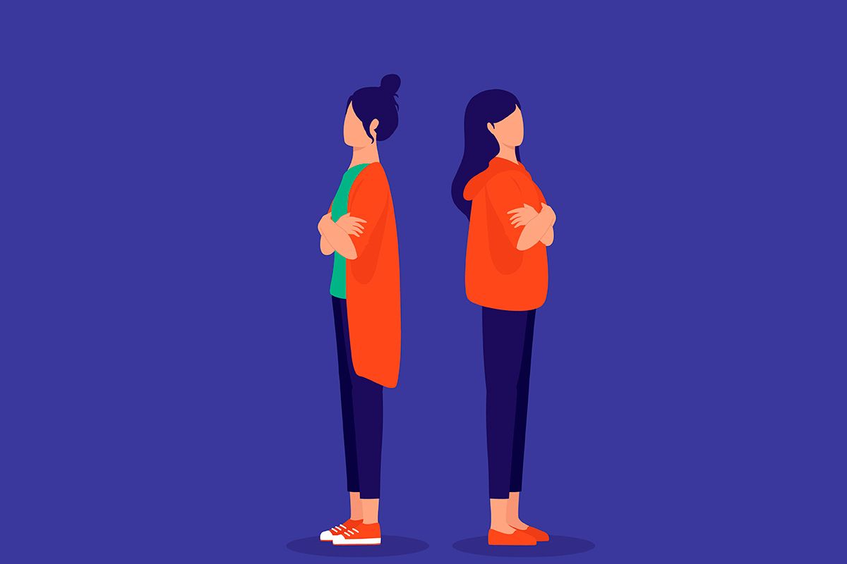 Two illustrated women wearing orange tops and blue trousers stand back-to-back with their arms crossed against a purple background.