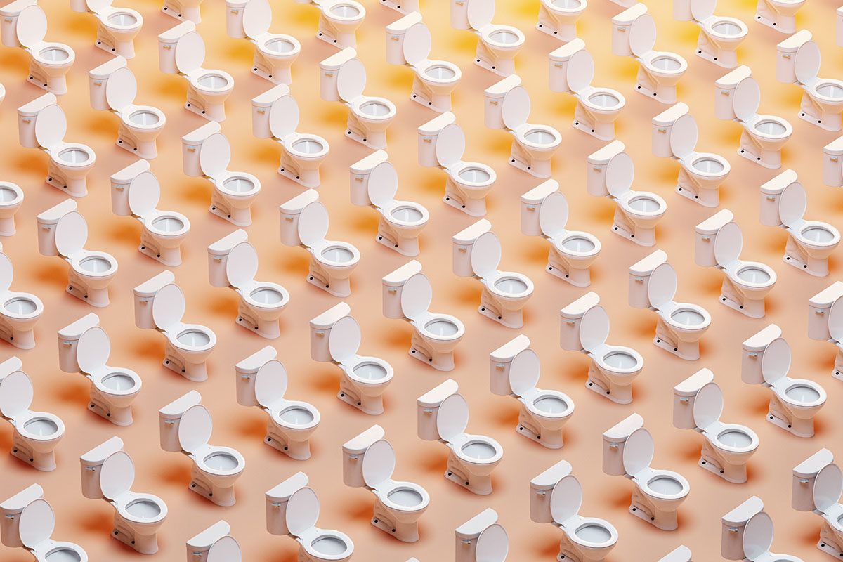 A digitally-generated image of toilets arranged in a grid pattern on a beige background